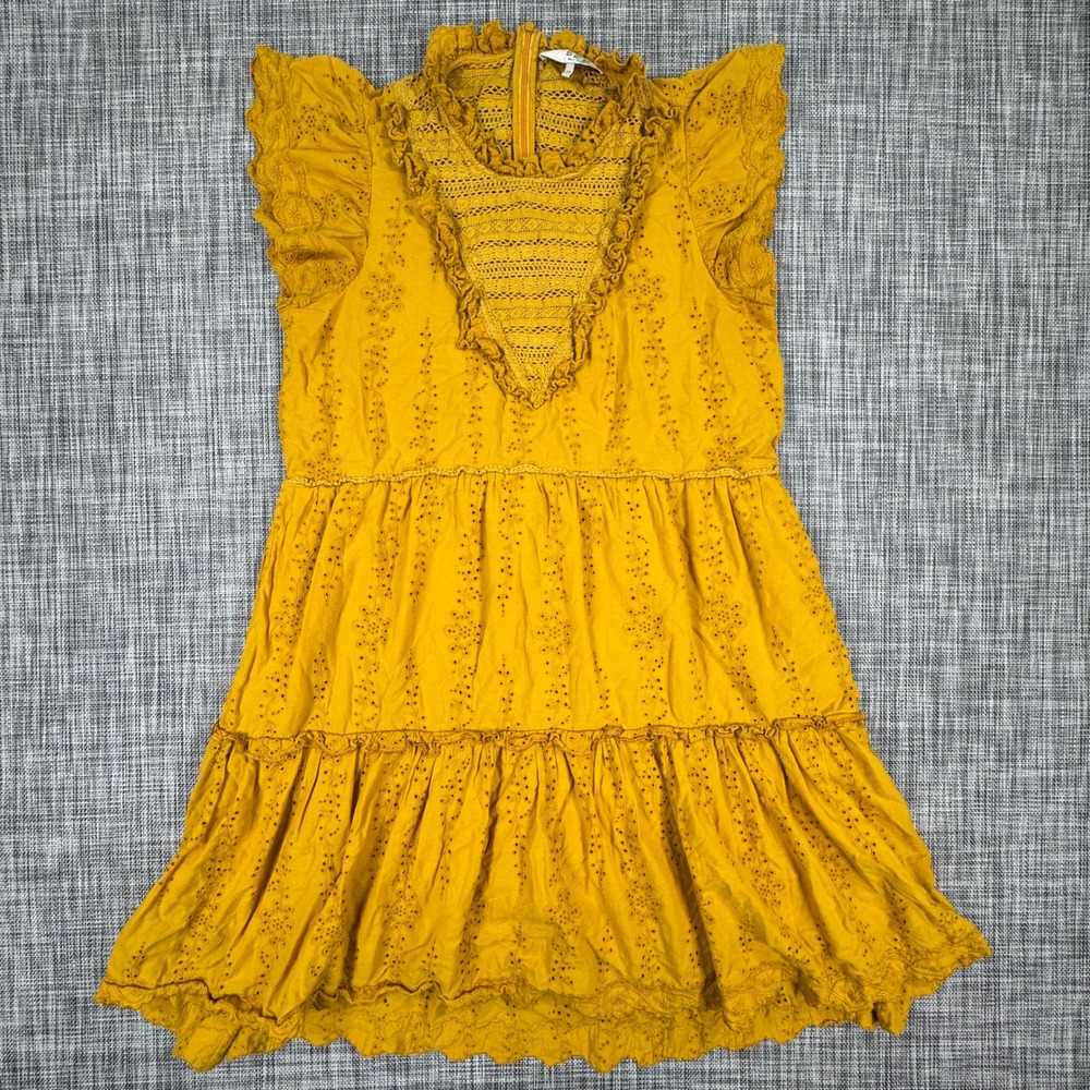 Sea New York Womens Eyelet Tiered Ruffle Mini Dress Yellow Size 12 Designer